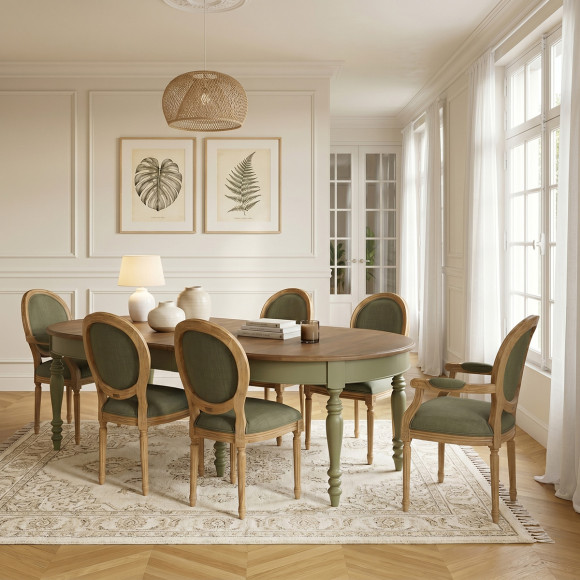 Uitschuifbare eettafel JADE – Shabby chic stijl, eiken blad, groene poten 6/14 couverts
