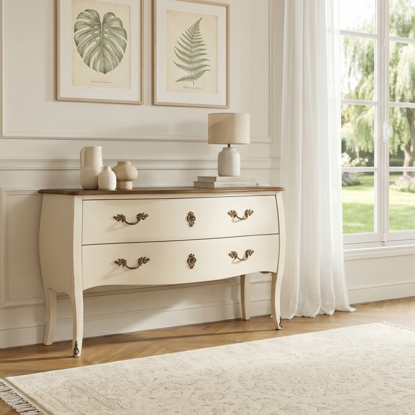 ALIENOR - Commode blanche style Louix XV, plateau en chêne, 2 tiroirs - bois certifié FSC®