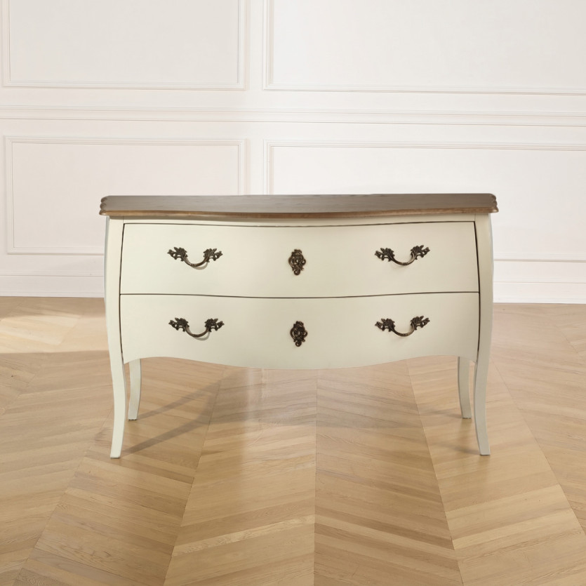 ALIENOR - Cómoda blanca estilo Luis XV, encimera de roble, 2 cajones - madera certificada FSC®