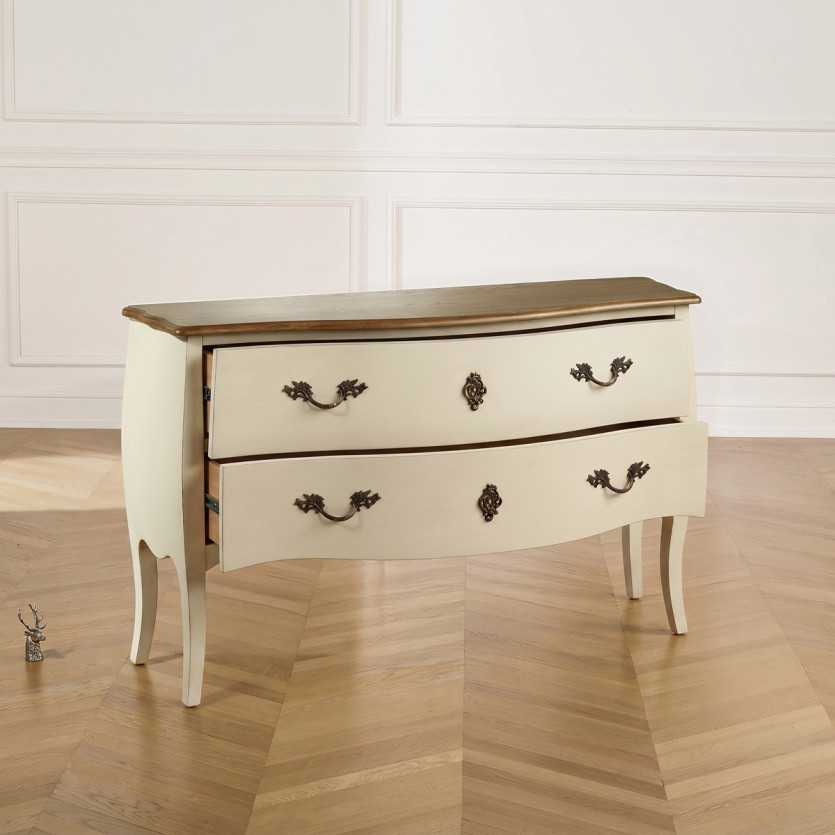 ALIENOR - Cómoda blanca estilo Luis XV, encimera de roble, 2 cajones - madera certificada FSC®