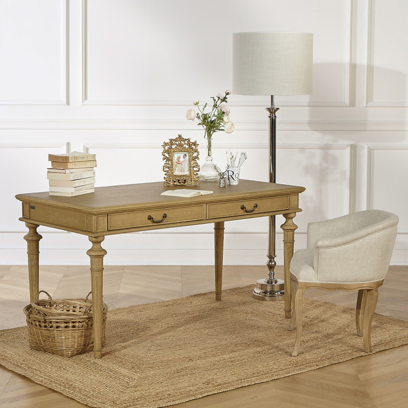 Bureau YVAN - Style shabby chic, plateau en chêne, 2 tiroirs