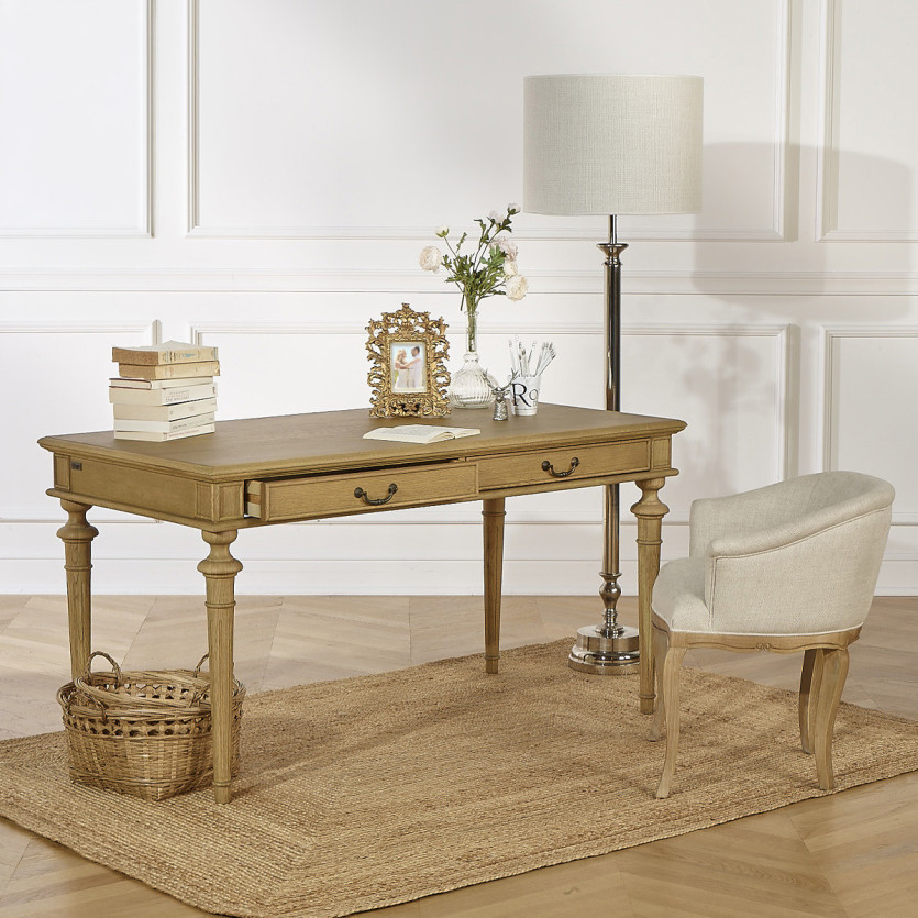Bureau YVAN - Style shabby chic, plateau en chêne, 2 tiroirs