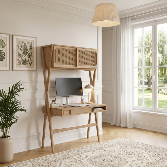 Bureau plank KITTY - Moderne stijl in hout en webbing, 1 kast, 1 lade