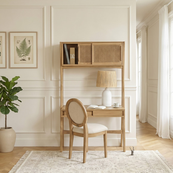 KITTY - Modern style shelf desk in wood and cane, 1 cabinet, 1 drawer