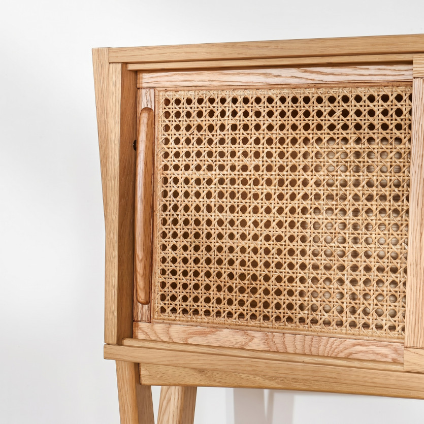 KITTY - Escritorio estantería de estilo moderno en madera y rejilla, 1 cajón, 1 gaveta.