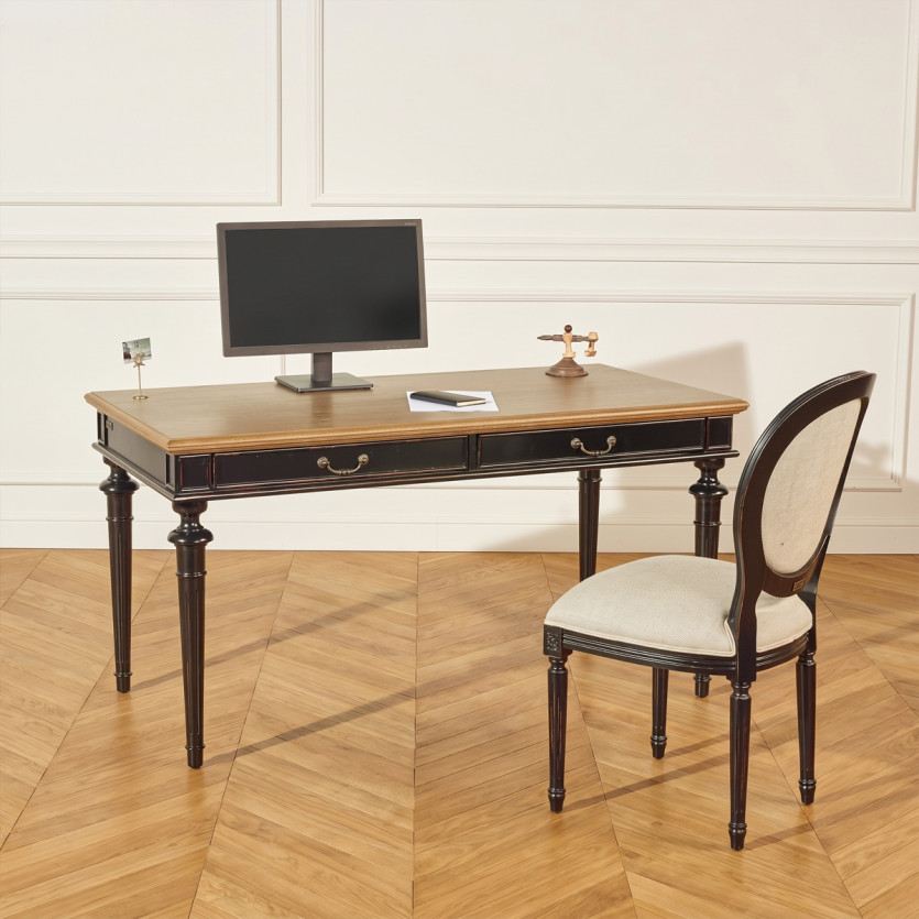 Bureau YVAN -  Style shabby chic, plateau en chêne, 2 tiroirs, bois certifié FSC®