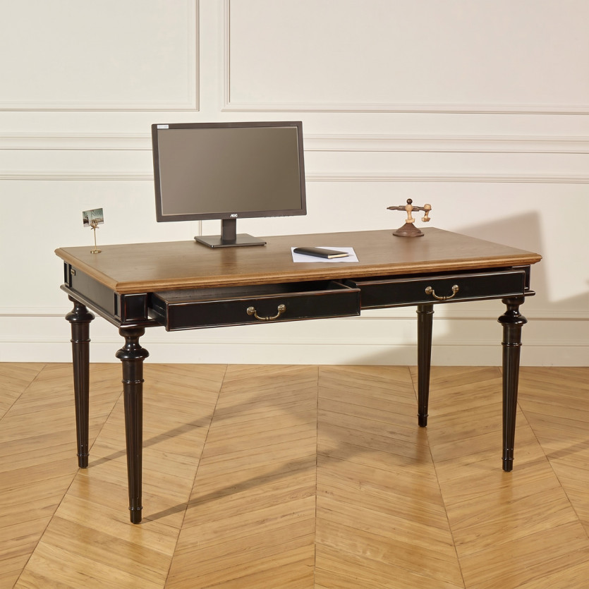 Bureau YVAN -  Style shabby chic, plateau en chêne, 2 tiroirs, bois certifié FSC®