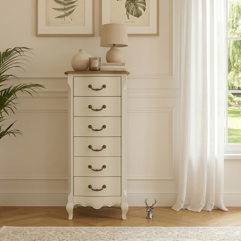 ORIANE – Colonne de rangement style romantique, plateau en chêne, 6 tiroirs, bois certifié FSC®