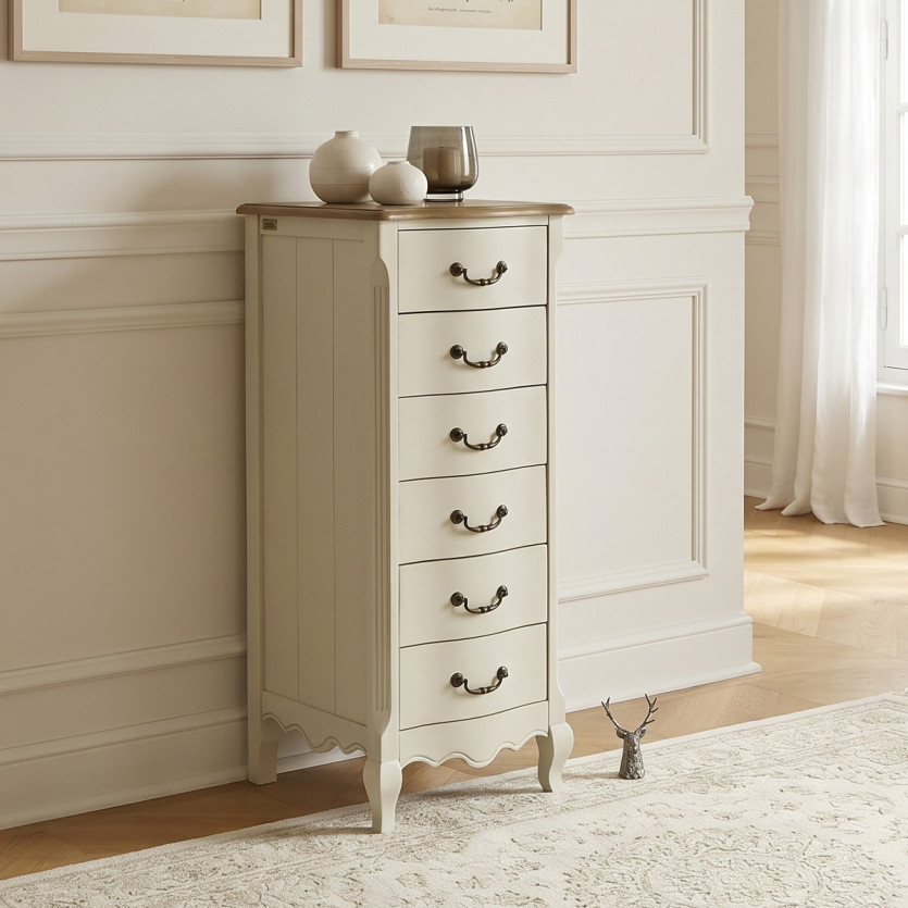 ORIANE – Colonne de rangement style romantique, plateau en chêne, 6 tiroirs, bois certifié FSC®