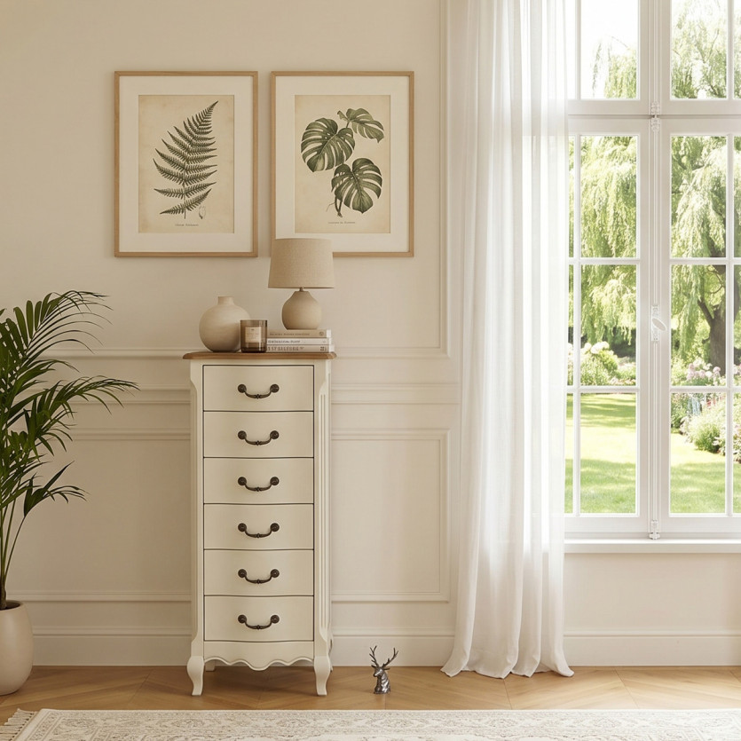 ORIANE – Colonne de rangement style romantique, plateau en chêne, 6 tiroirs, bois certifié FSC®