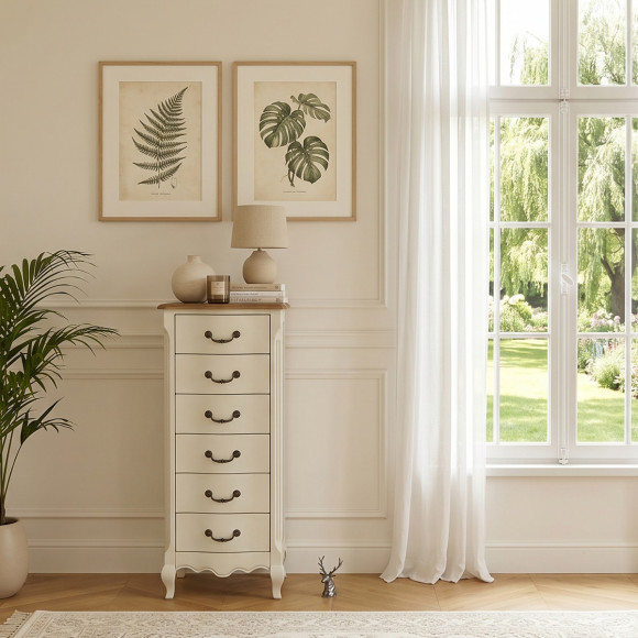 ORIANE – Columna de almacenamiento estilo romántico, tablero de roble, 6 cajones, madera certificada FSC®