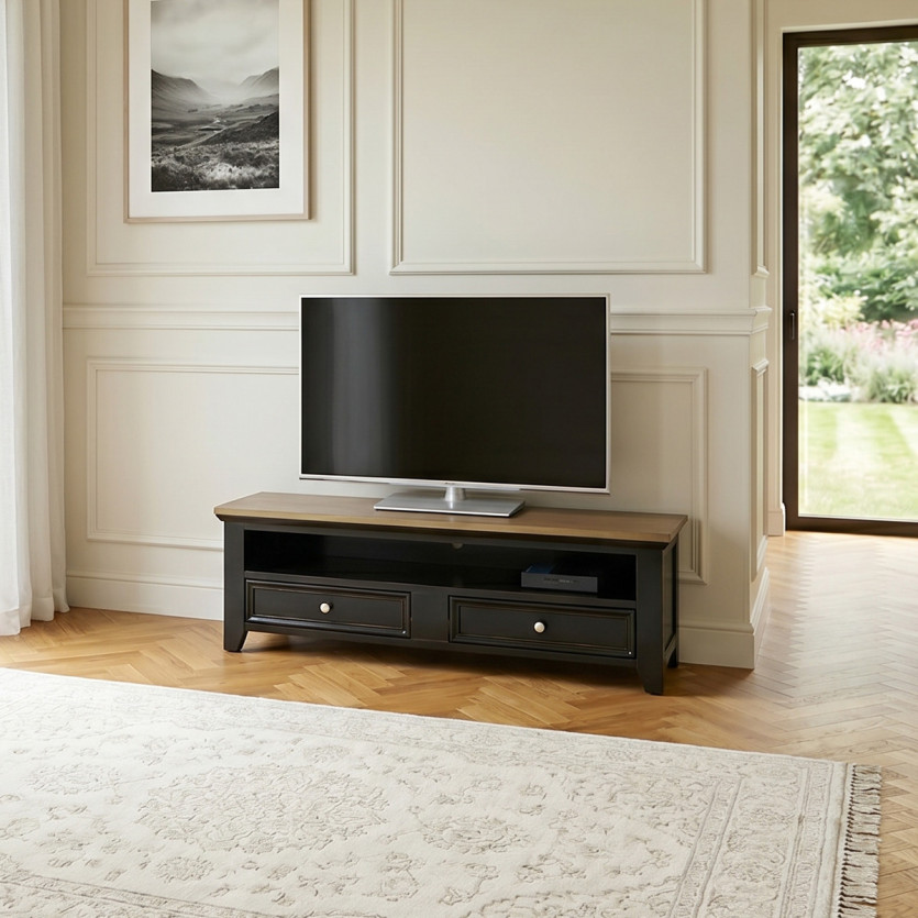 ARCHER - Coastal style wooden TV stand, 1 shelf, 2 drawers