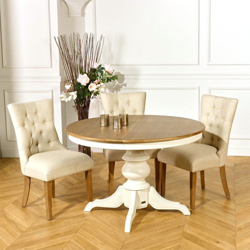 Mesa de jantar extensível ARIANE - Estilo romântico, tampo de carvalho, base branca, 4/6 lugares