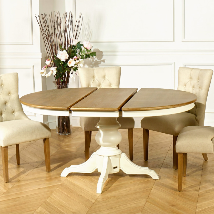 Uitschuifbare eettafel ARIANE - Romantische stijl, eiken blad, witte poot, 4/6 personen