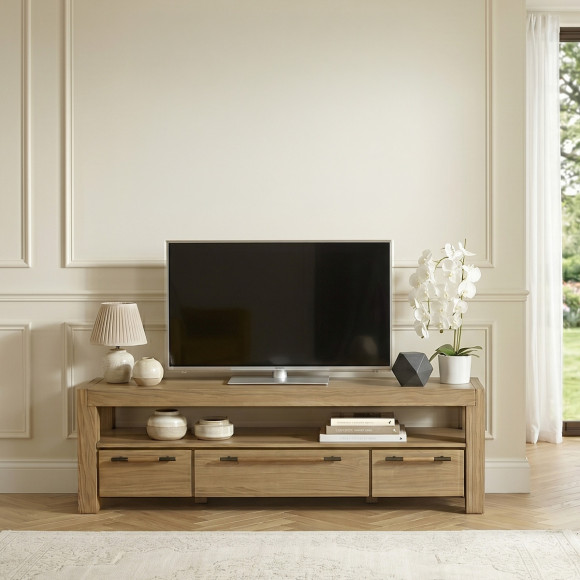 MEGÈVE– Meuble tv 150 cm en bois massif style contemporain, 3 tiroirs, 1 étagère, bois certifié FSC®