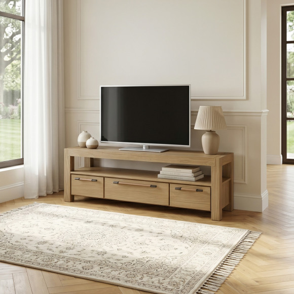 MEGÈVE– Meuble tv 150 cm en bois massif style contemporain, 3 tiroirs, 1 étagère, bois certifié FSC®