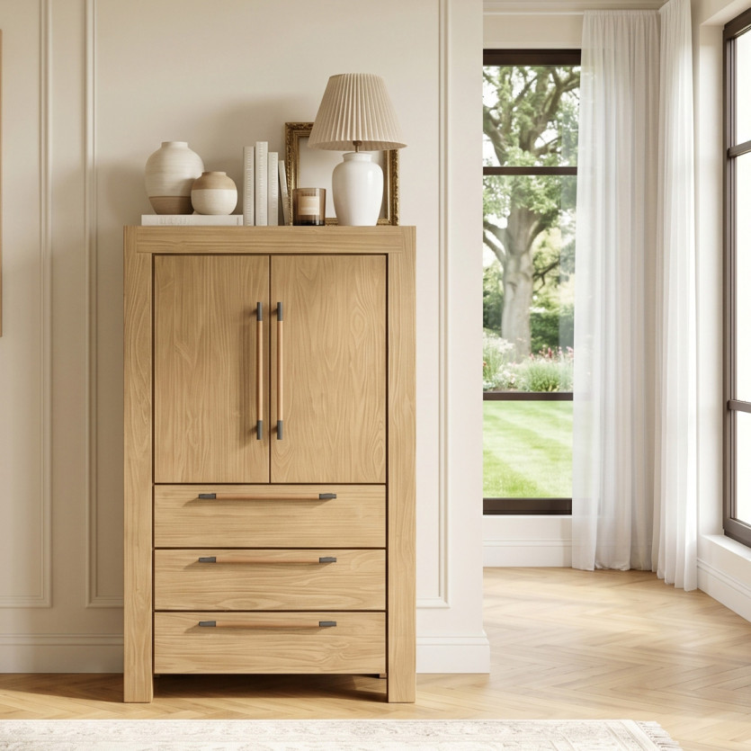 MEGEVE – Petite armoire style contemporain, 2 portes, 3 étagères, 3 tiroirs, bois certifié FSC®