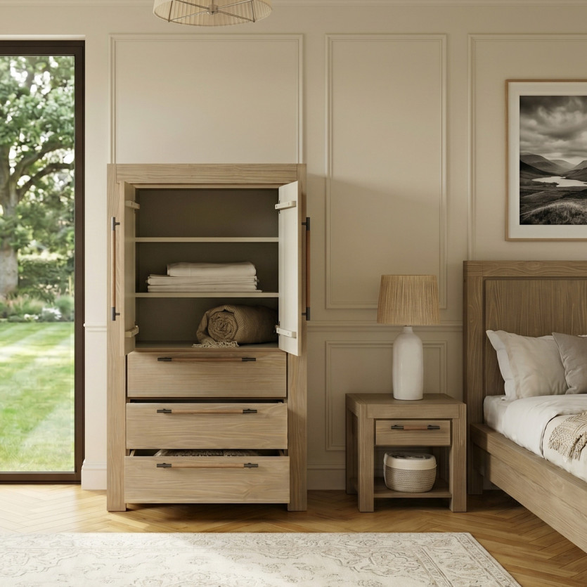 MEGEVE – Petite armoire style contemporain, 2 portes, 3 étagères, 3 tiroirs, bois certifié FSC®