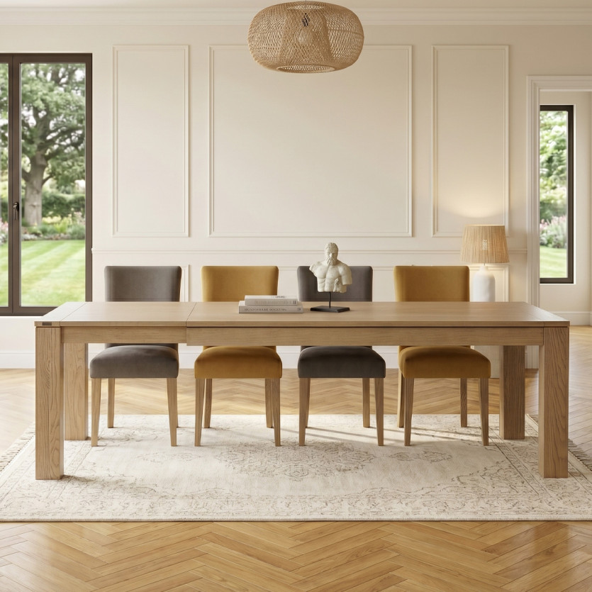 Tavolo da pranzo estensibile MEGÈVE - Stile contemporaneo in rovere, 1 prolunga, 8/10 posti, legno certificato FSC®