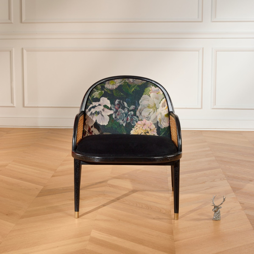 Fauteuil designer MARCEL GRAPHITE - Style scandinave en rotin, chêne et velours, 1 place