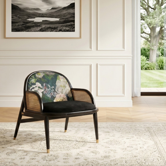 Fauteuil designer MARCEL GRAPHITE - Style scandinave en rotin, chêne et velours, 1 place