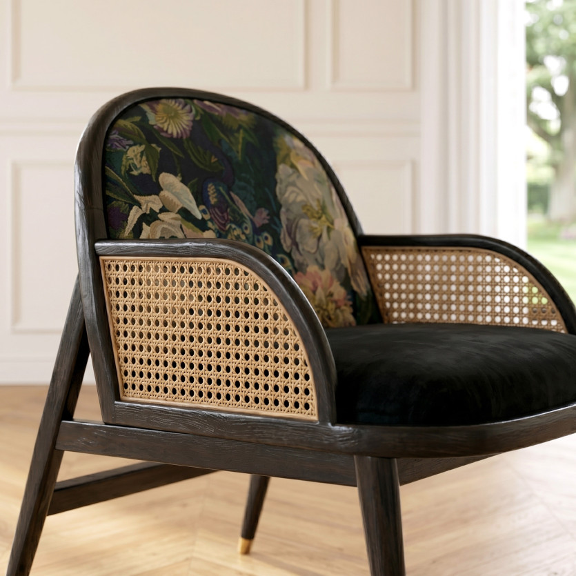 Fauteuil designer MARCEL GRAPHITE - Style scandinave en rotin, chêne et velours, 1 place