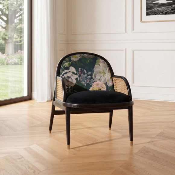 MARCEL GRAPHITE - Modern style designer armchair in rattan, oak, and velvet, 1 seat