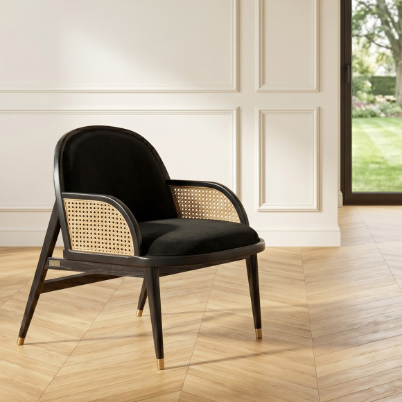 Sessel MARCEL - Skandinavischer Stil aus Massivholz, Rattan und schwarzem Samt, 1-Sitzer