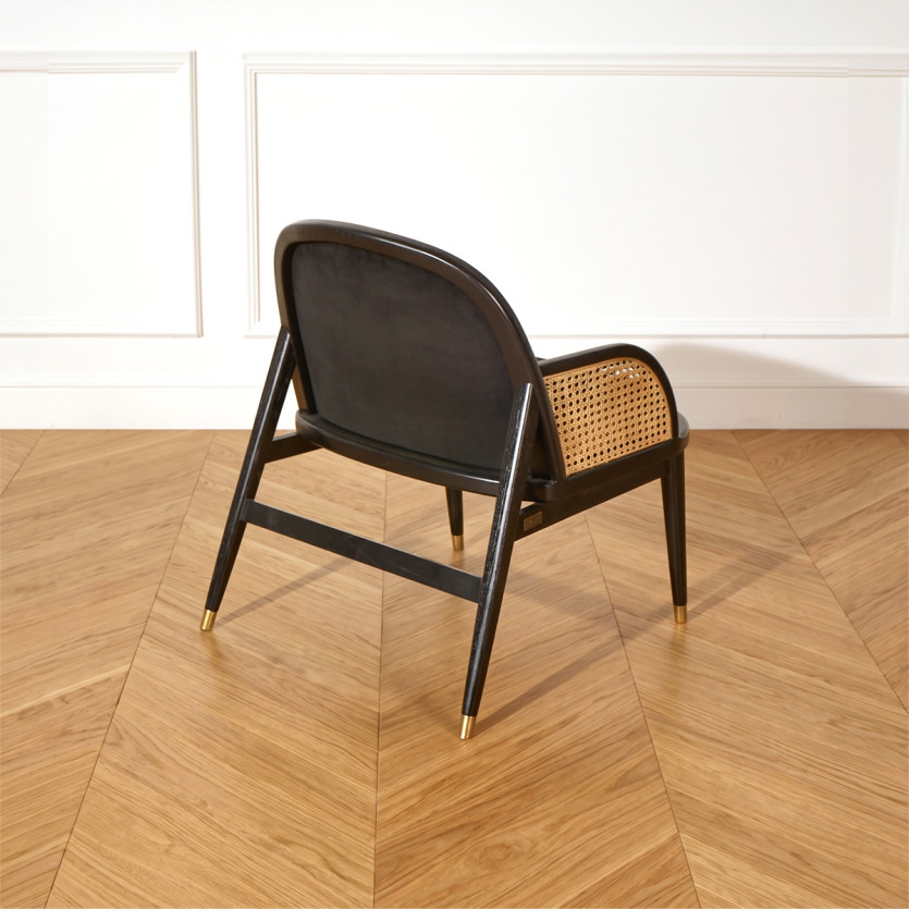 Fauteuil MARCEL - Style scandinave en bois massif, rotin et velours noir, 1 place