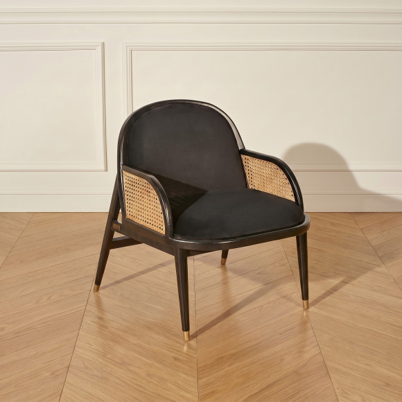 Sillón MARCEL - Estilo escandinavo en madera maciza, ratán y terciopelo negro, 1 plaza