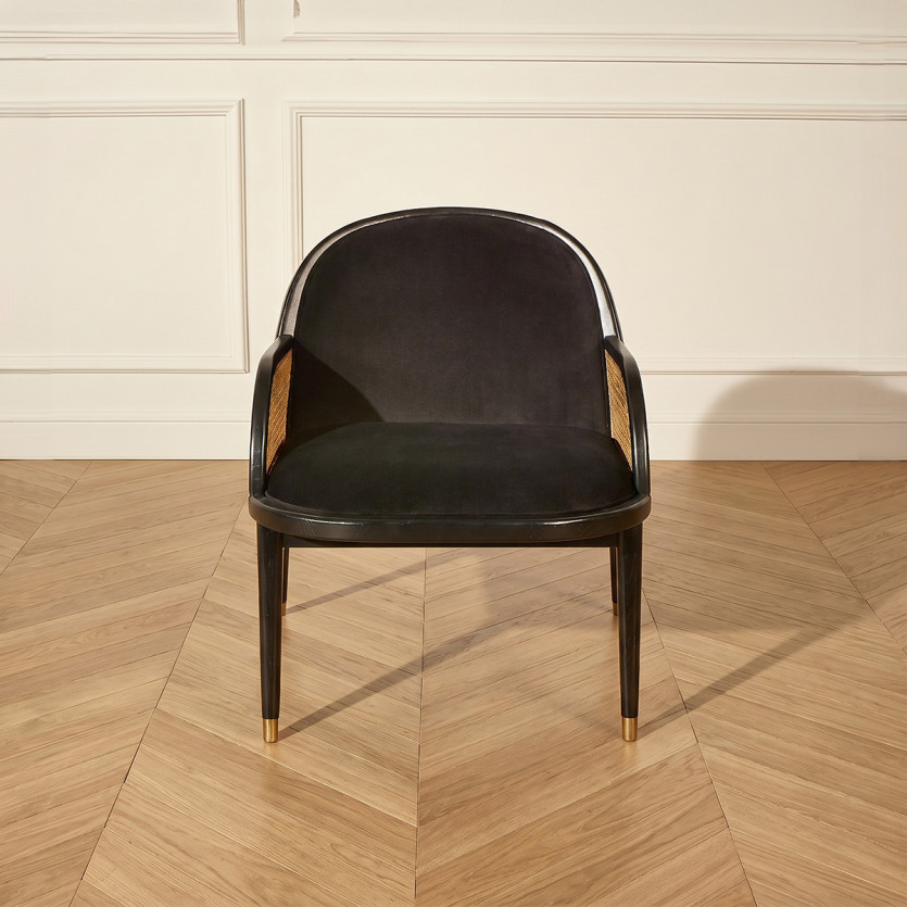 Fauteuil MARCEL - Style scandinave en bois massif, rotin et velours noir, 1 place