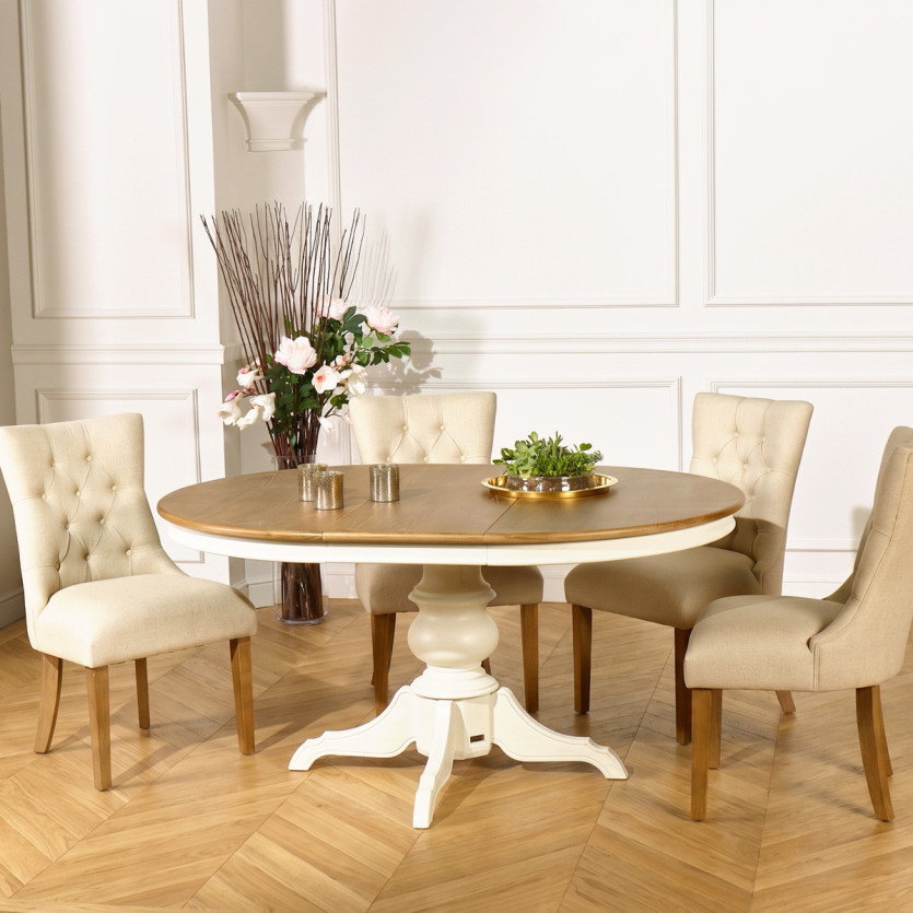 ARIANE Extendable Dining Table - Shabby Chic Style, Oak Top, White Legs, 4/6 Settings - FSC® Certified Wood