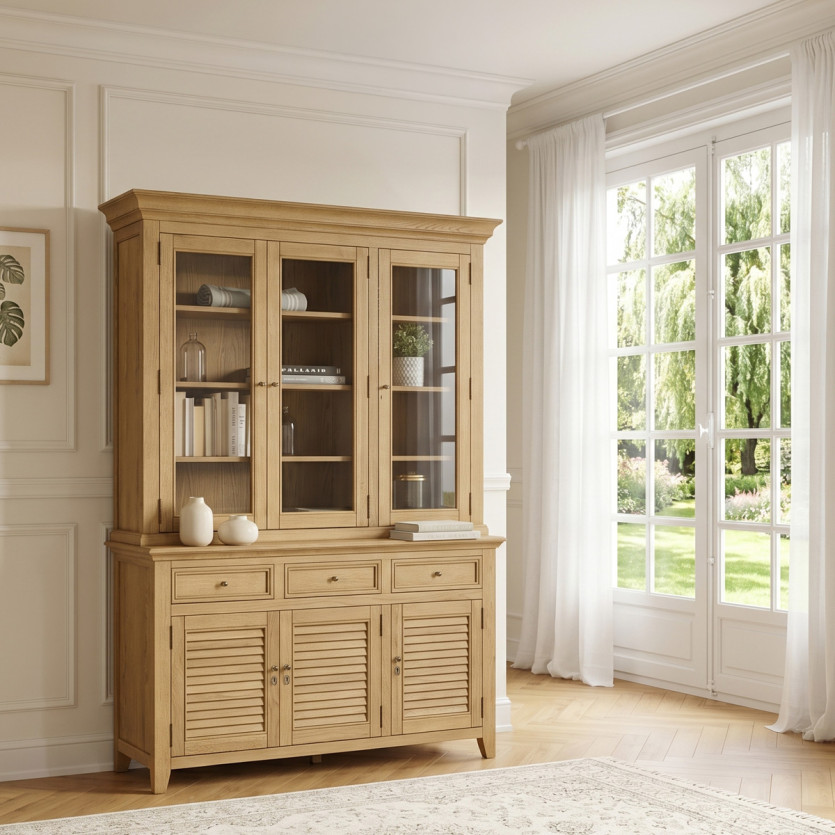 Vaisselier CHARLES - Style shabby chic en chêne, 3 tiroirs, 6 portes