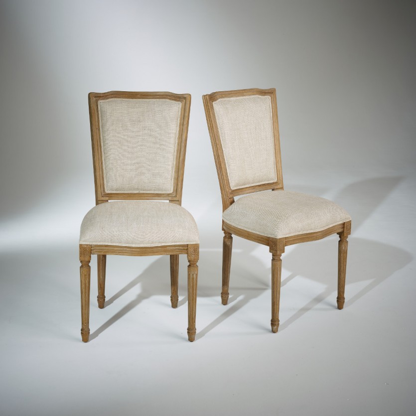 Chaises Marie Antoinette, patine bois cérusé grisé, lin prémium