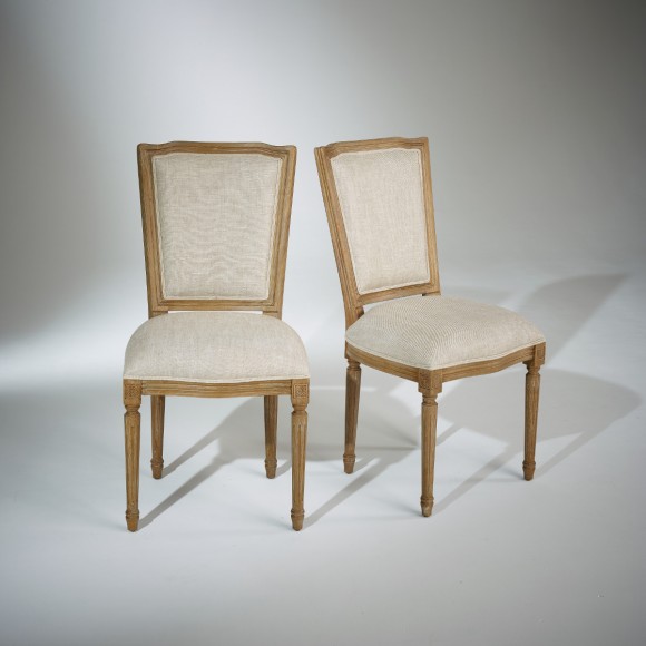 Chaises Marie Antoinette,  patine bois cérusé grisé, lin prémium