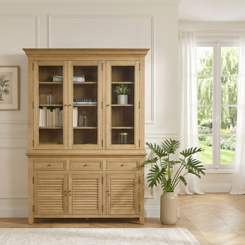 Vaisselier CHARLES - Style shabby chic en chêne, 3 tiroirs, 6 portes