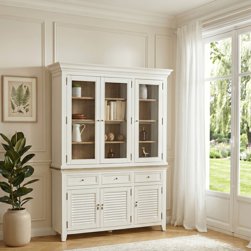 Vaisselier EDEN - Style shabby chic, plateau en chêne, 3 tiroirs, 6 portes