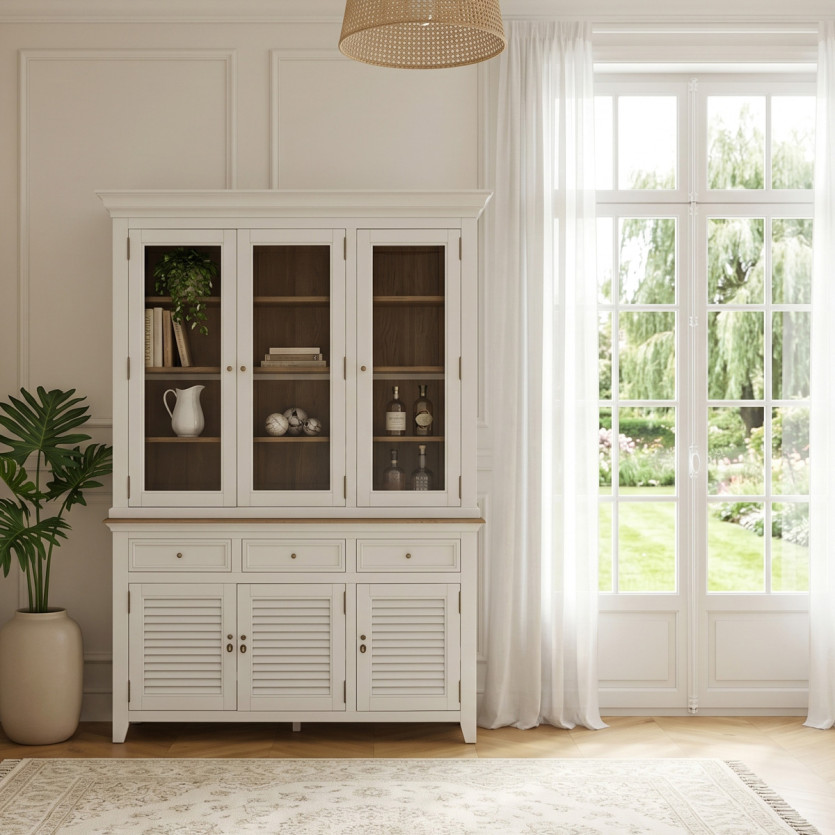 Vaisselier EDEN - Style shabby chic, plateau en chêne, 3 tiroirs, 6 portes