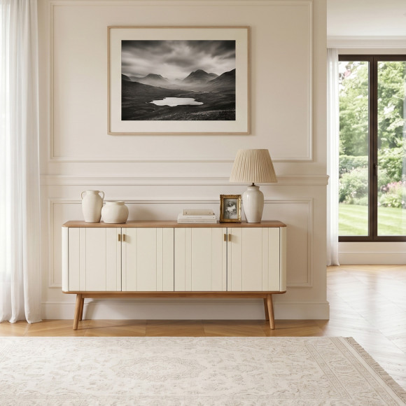 KYOTO - Buffet branco estilo contemporâneo, tampo em carvalho, 4 portas, madeira certificada FSC®
