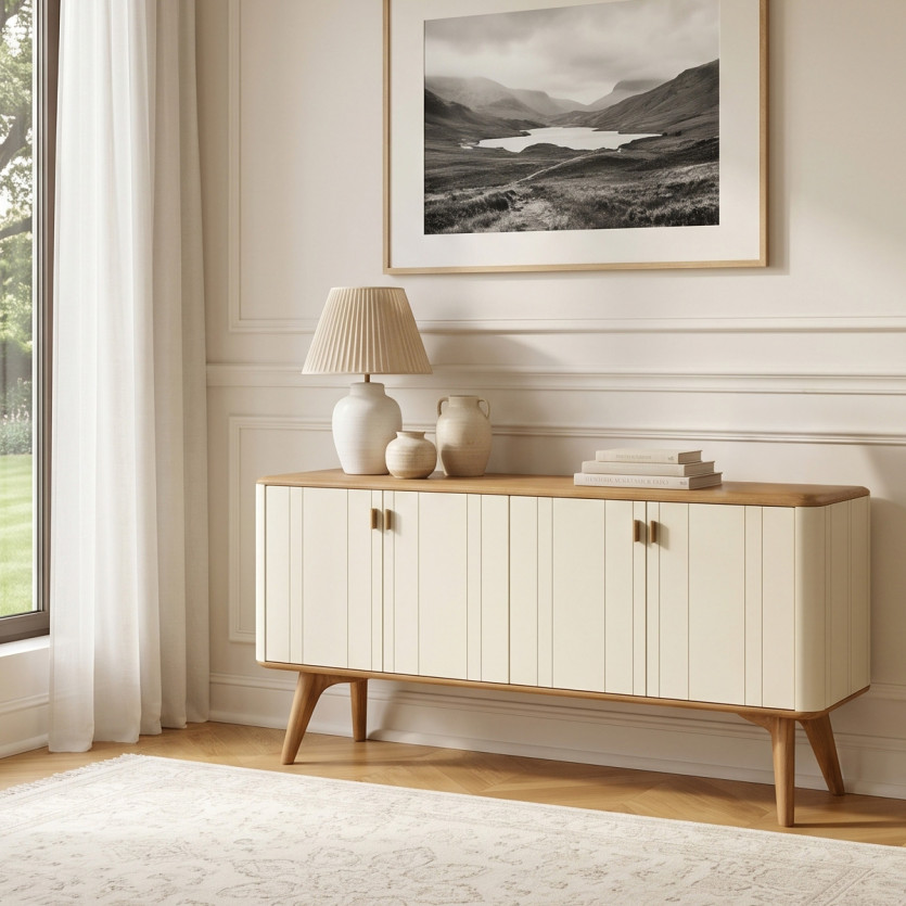 KYOTO - Witte buffetkast in eigentijdse stijl, eiken blad, 4 deuren, hout gecertificeerd FSC®