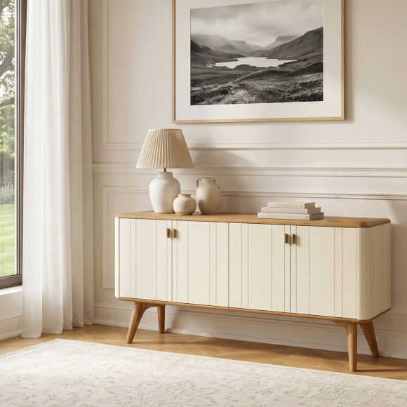 KYOTO - Buffet branco estilo contemporâneo, tampo em carvalho, 4 portas, madeira certificada FSC®