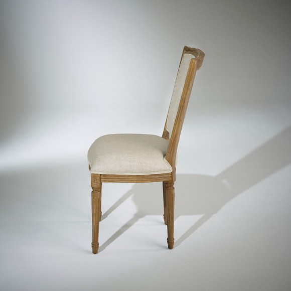 Chaises Marie Antoinette,  patine bois cérusé grisé, lin prémium