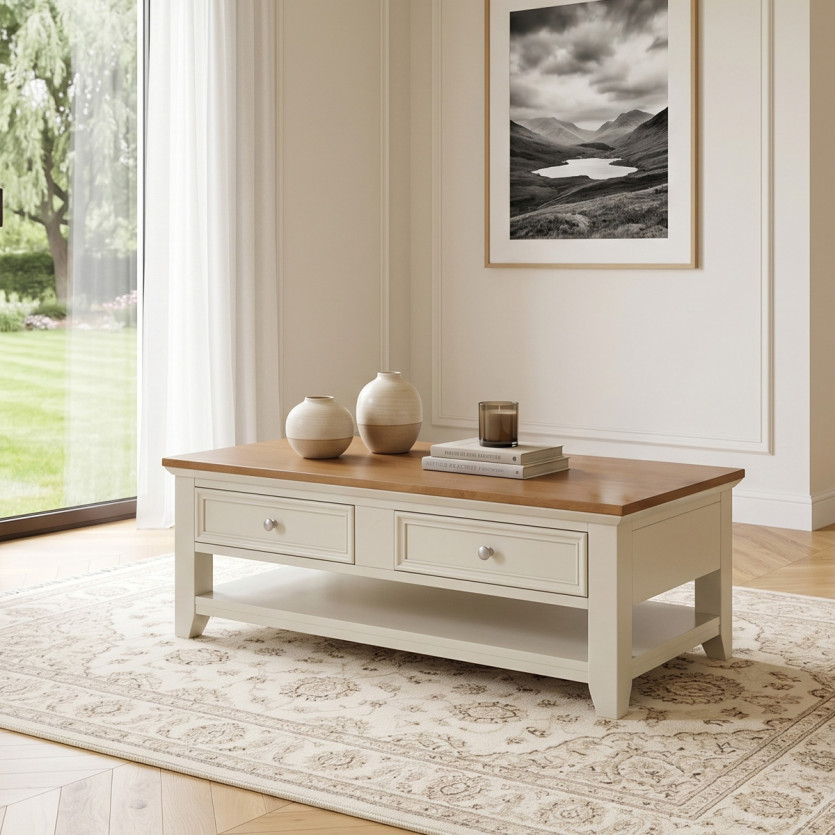 ARCHER – Table basse à tiroirs style contemporain, pieds en bois massif, 4 tiroirs, bois certifié FSC®