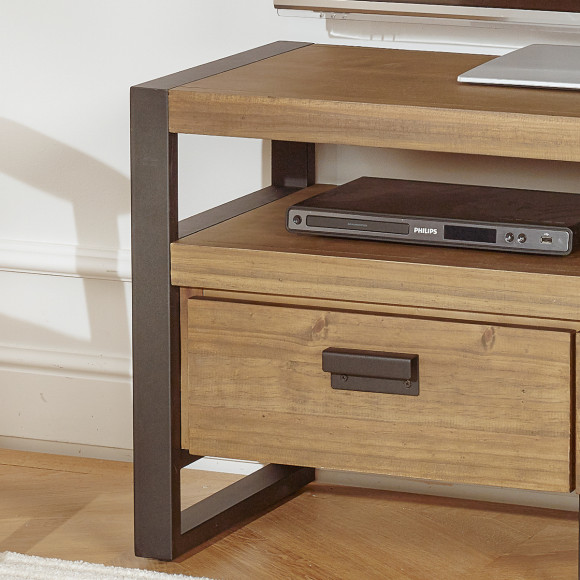 JACK - Meuble TV style industriel en bois massif et métal, 1 niche, 2 tiroirs