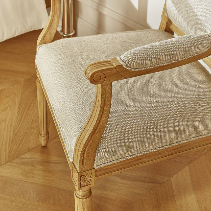 Fauteuil de table ASTRID - Style classique en bois massif et lin premium, 1 place