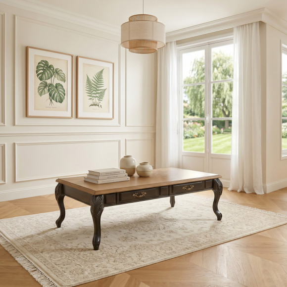 MARIANNE - Shabby chic style coffee table in oak, black legs, 4 drawers