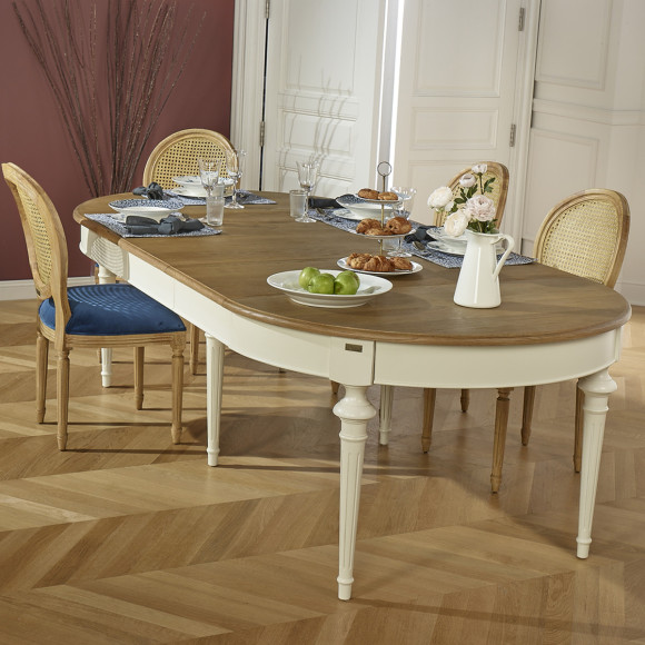 Table à manger extensible AMBRE - Style shabby chic, plateau en chêne, 4/10 couverts