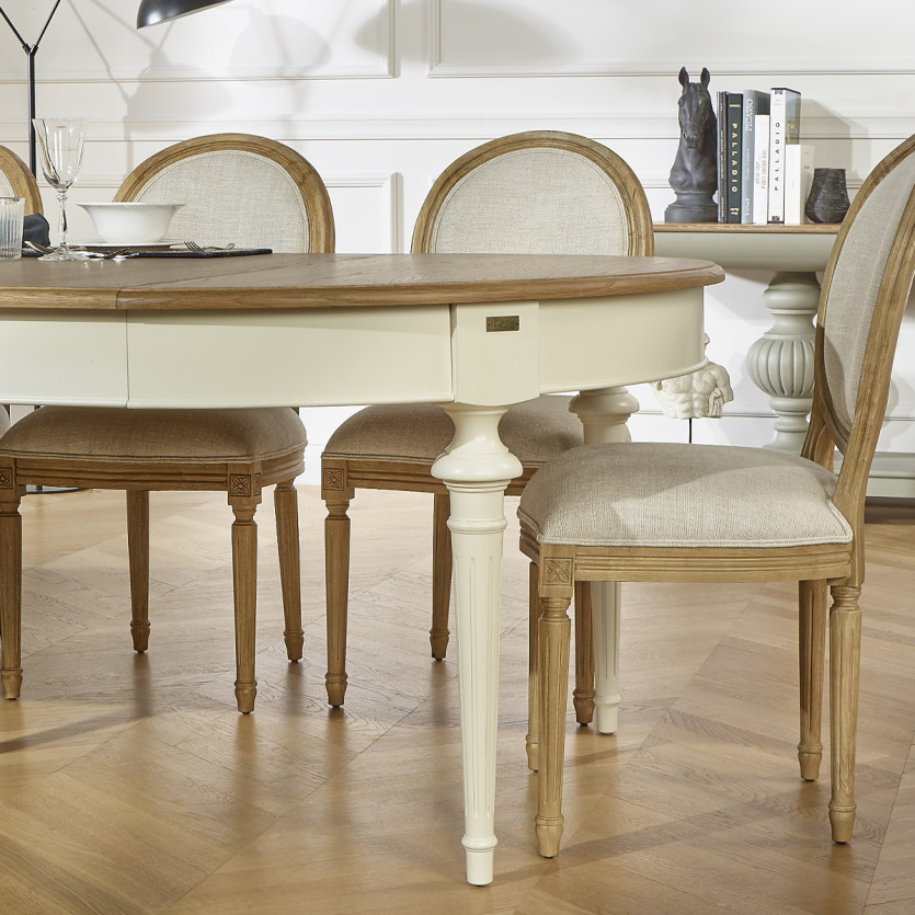 Uitschuifbare eettafel AMBRE - Shabby chic stijl, eiken tafelblad, 4/10 couverts