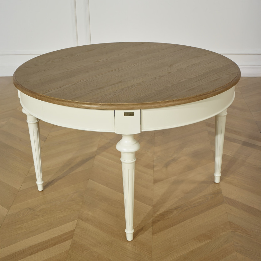 Table à manger extensible AMBRE - Style shabby chic, plateau en chêne, 4/10 couverts