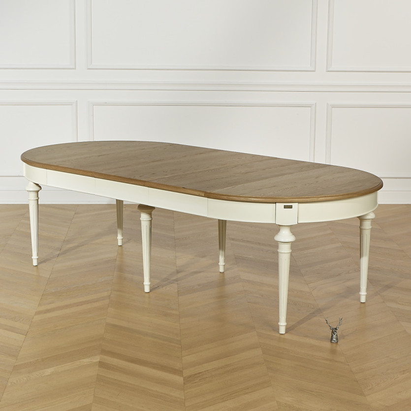 Table à manger extensible AMBRE - Style shabby chic, plateau en chêne, 4/10 couverts